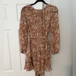 Express Brown Floral Long-Sleeve Tiered Dress with Gold flakes and Cream Accents